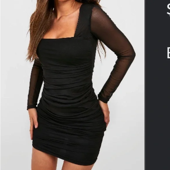 boohoo Women's Square Neck Ruched Mesh Bodycon Dress - Black - Size 12 boohoo Women's Square Neck Ruched Mesh Bodycon Dress - Black - Size 12